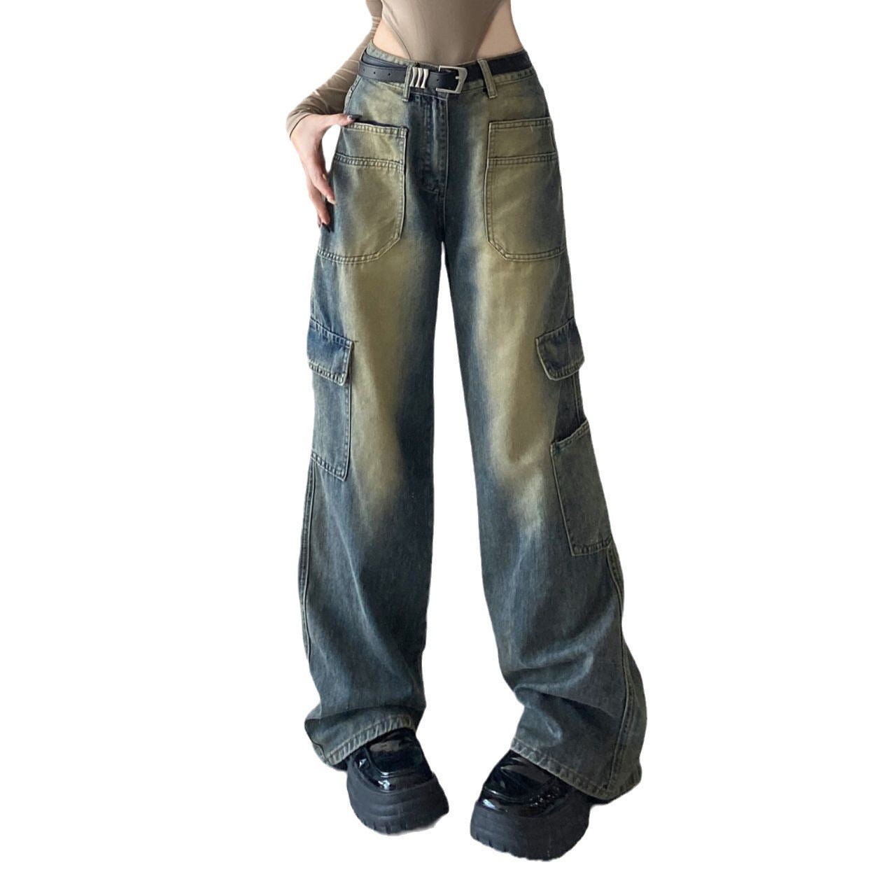 American Workwear Pocket Wide Leg Denim Straight-leg Pants Women