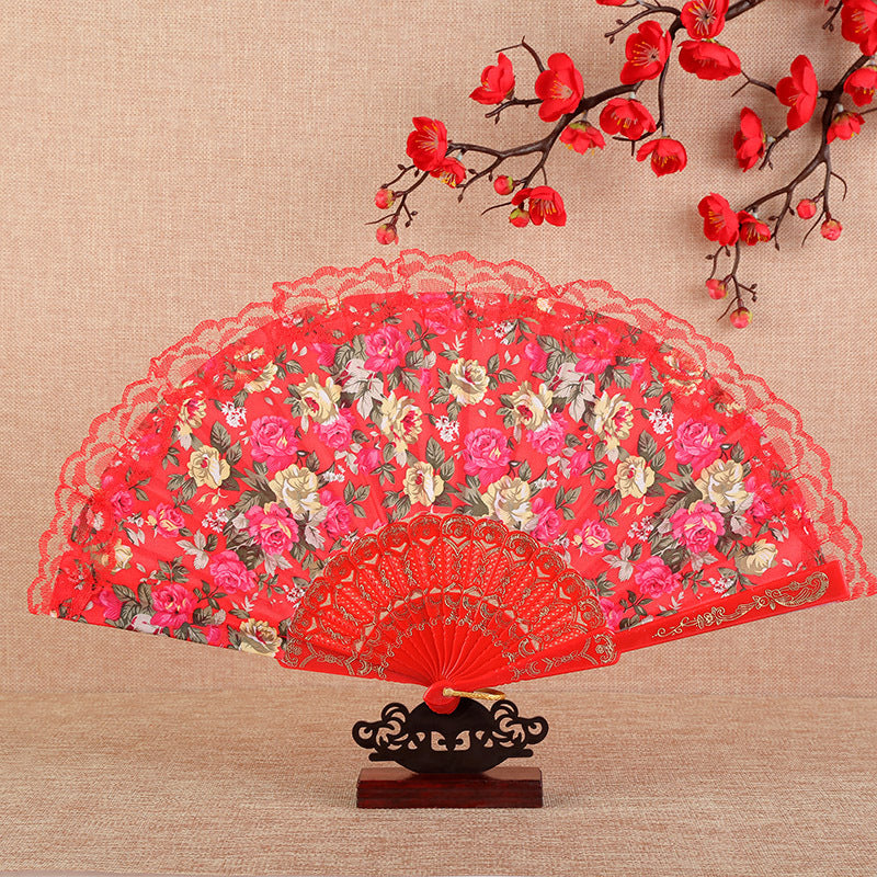 Lady Chinoiserie Lace Dance Fan Color Pole - Amazhona 