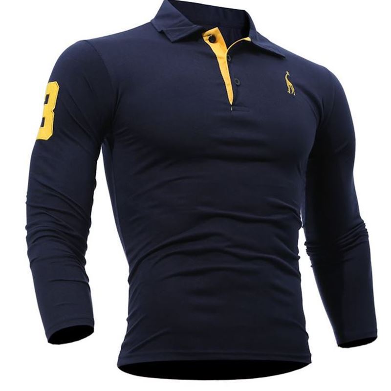 Embroidered Deer Digital Polo Collar Men's Long Sleeve - Amazhona 