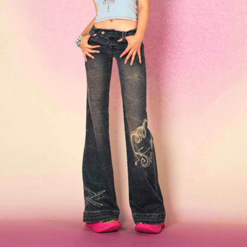 American-style Distressed Washed Printed Skinny Jeans