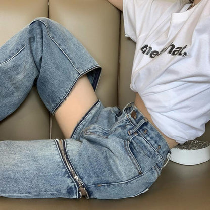 Removable Zipper Two-way Ripped Wide-legged Jeans