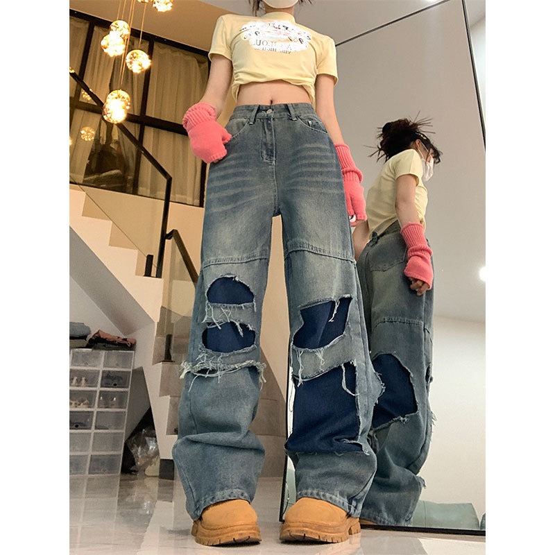 Ripped Stitching Burr Contrast Color Jeans