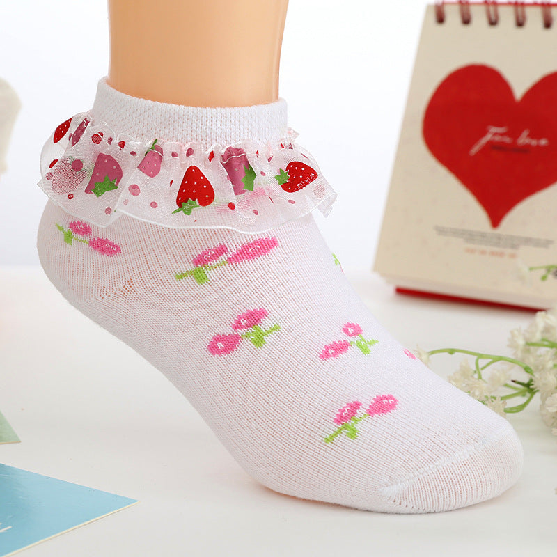 Strawberry Socks Girls Lace Socks Cotton  Children - Amazhona 