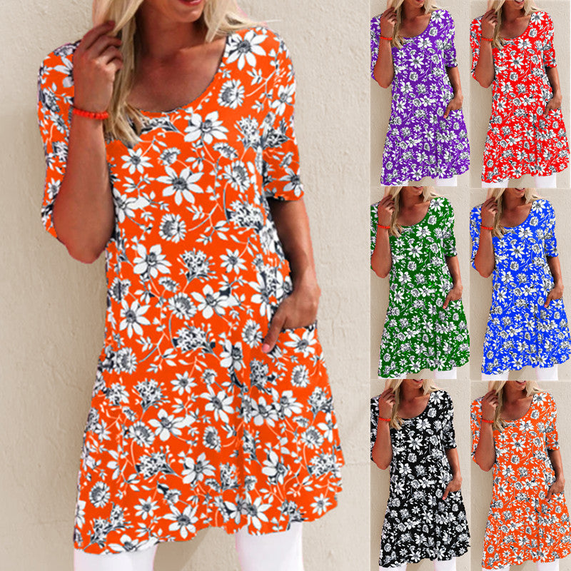 Summer Fashion Printed Loose Short Sleeve Pocket Dress Floral Dress - Amazhona 