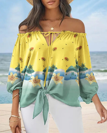 Sexy Off Shoulder Printed Chiffon Shirt Women Fashion Tied Detail Long Sleeve Pullover Tops Street Vintage Lady Blouse - Amazhona 