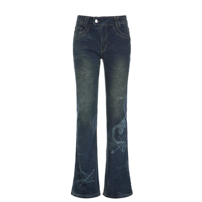 American-style Distressed Washed Printed Skinny Jeans