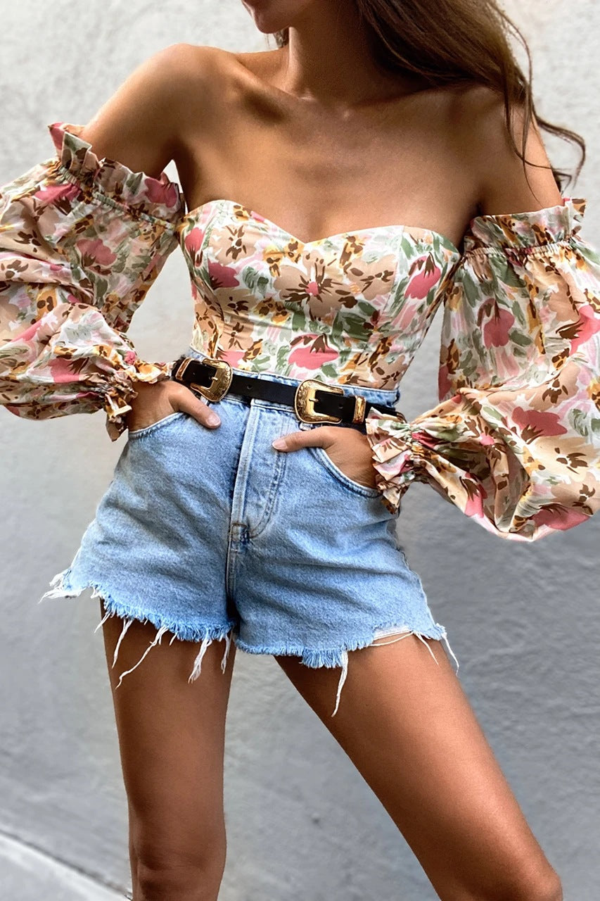 Sexy Off-shoulder Wrapped Chest Printed Lantern Sleeve Chiffon Shirt Blouse - Amazhona 