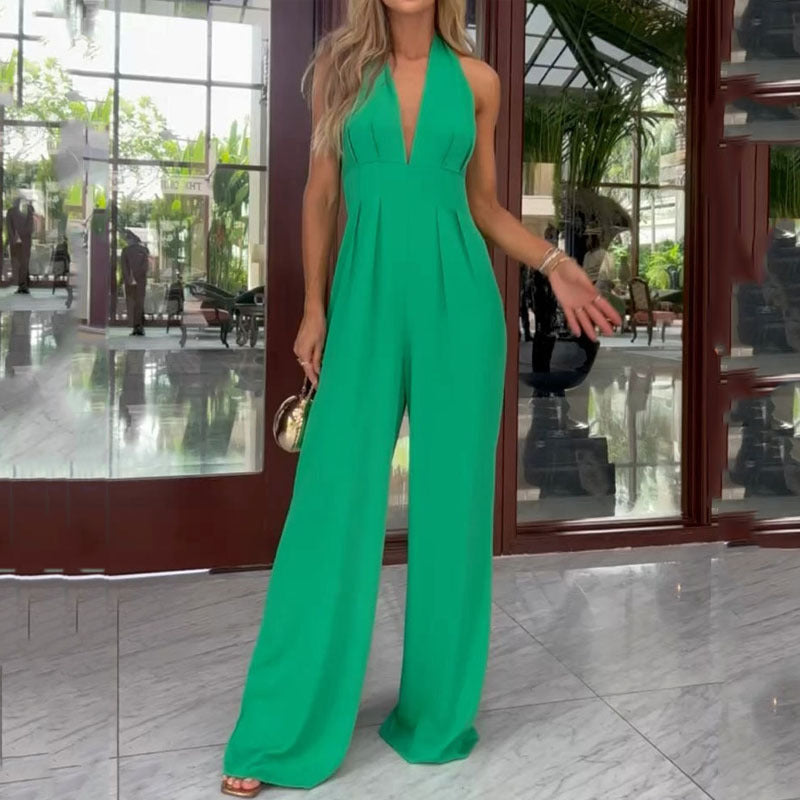 Tight Waist Wide Leg Pants Collar Halter Jumpsuit - Amazhona 