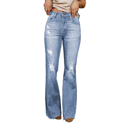 European And American High Waist Slim Denim Washed And Frayed Wide Leg Pants Trousers