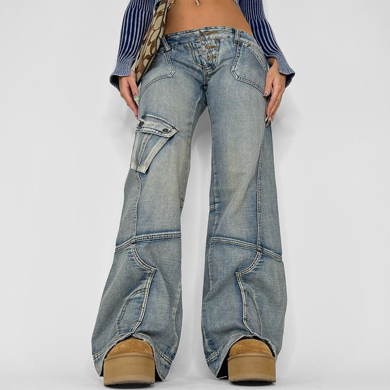 Women's Single-breasted Loose Distressed Split Line Design Jeans