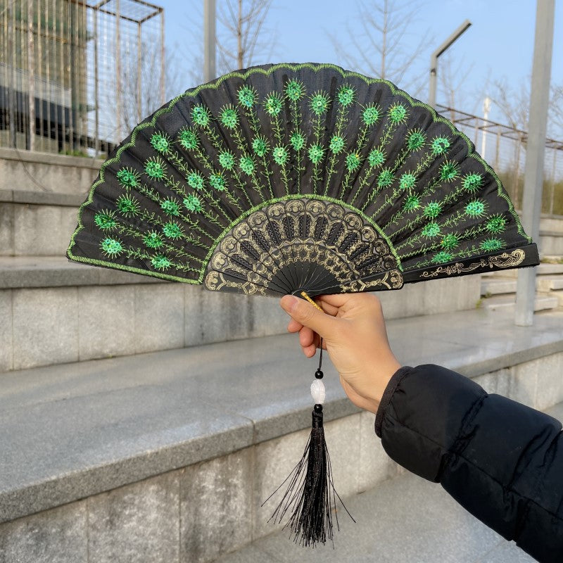 Peacock Feather Folding Fan Embroidery Black Rod - Amazhona 