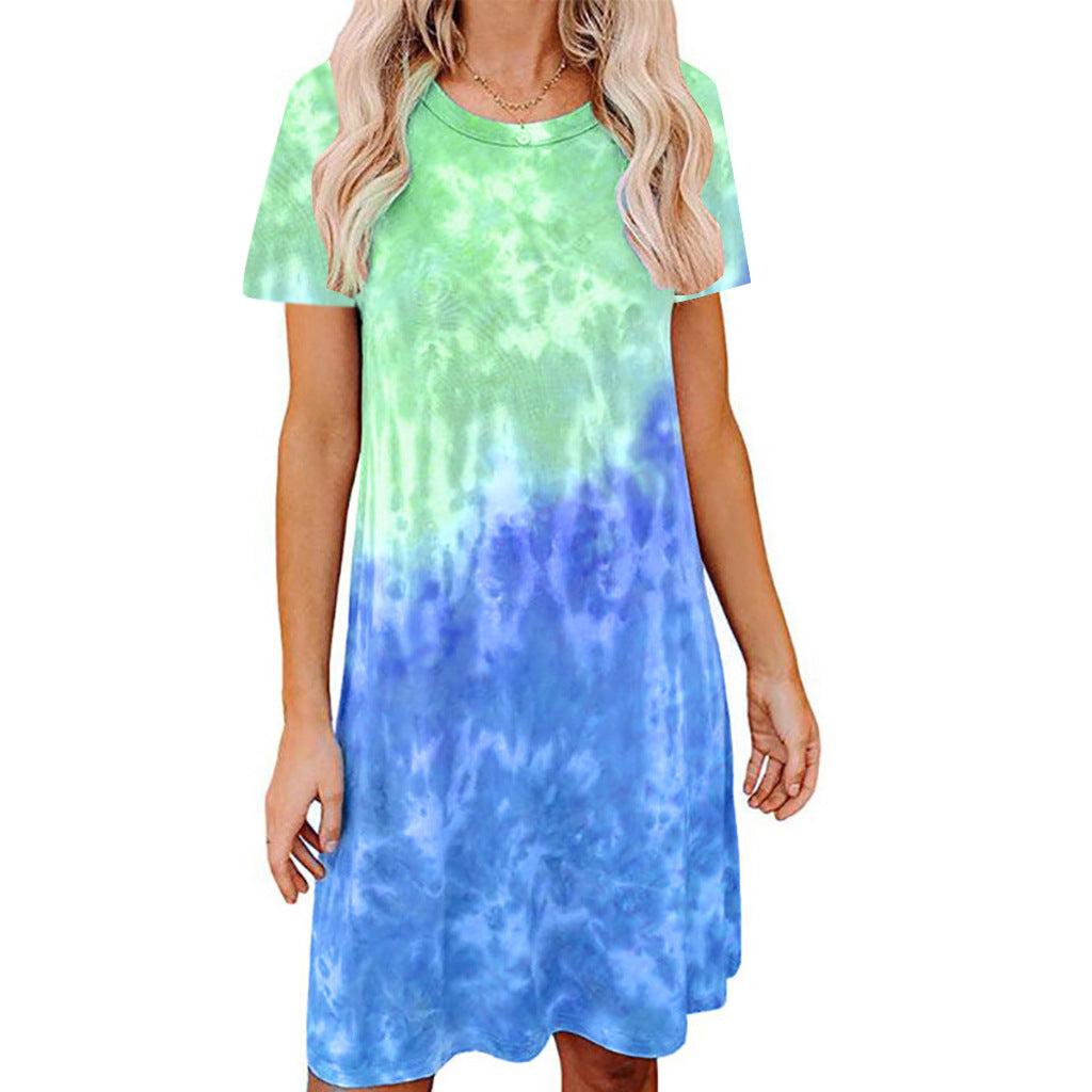 Tie-dye Printed Loose Short-sleeved Dress Women - Amazhona 