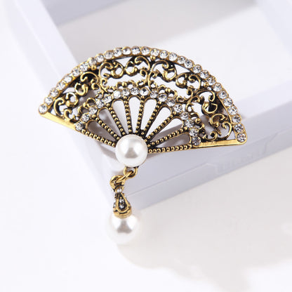 Elegant Graceful Rhinestone Pearl Vintage Fan Brooch Cheongsam Coat Accessories - Amazhona 