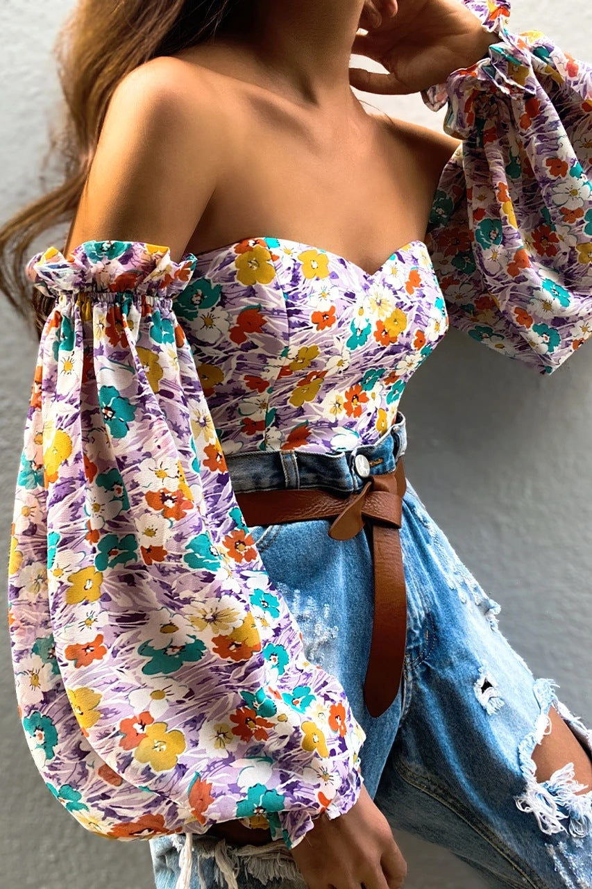 Sexy Off-shoulder Wrapped Chest Printed Lantern Sleeve Chiffon Shirt Blouse - Amazhona 