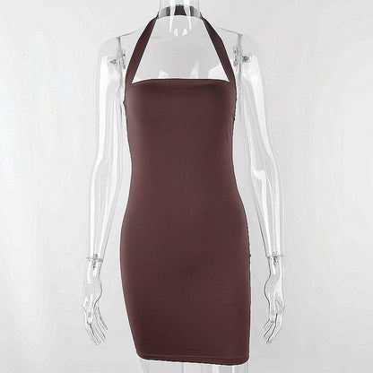 Summer New  Halter Neck Slim Solid Color Sleeveless Bottoming Dress Bag Hip Skirt Women - Amazhona 