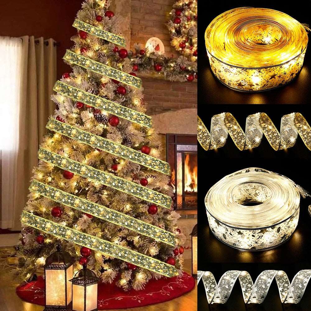 1/2/4/5/10M Christmas LED Ribbon Lights Decoration Christmas Tree Ornaments For Home 2022 Bows String Lights Navidad New Year - Amazhona 