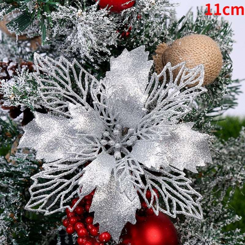 1/5/10pcs 11cm Glitter Artificial Flowers Christmas Decoration For Home Merry Christmas Tree Ornaments New Year Decor Navidad - Amazhona 