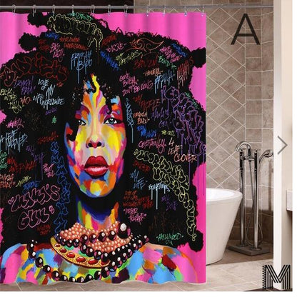 Diseño de arte Graffiti arte Hip Hop chica africana con pelo negro gran pendiente con cortina de ducha de edificio moderno para la decoración del baño