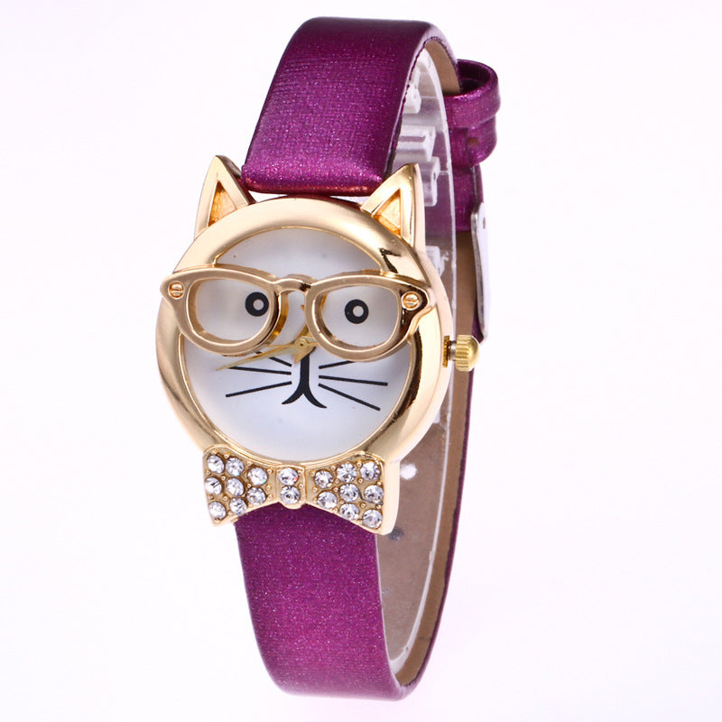 Light board mechanical cat glasses watch cat face small belt children watch cartoon student watch - Amazhona 