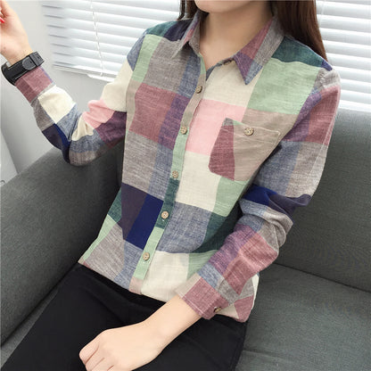 asual Plaid Women Blouses Kimono Vintage Linen Cotton Long Sleeve Blouse Female Shirts Tops - Amazhona 