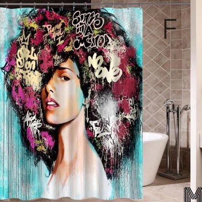 Diseño de arte Graffiti arte Hip Hop chica africana con pelo negro gran pendiente con cortina de ducha de edificio moderno para la decoración del baño