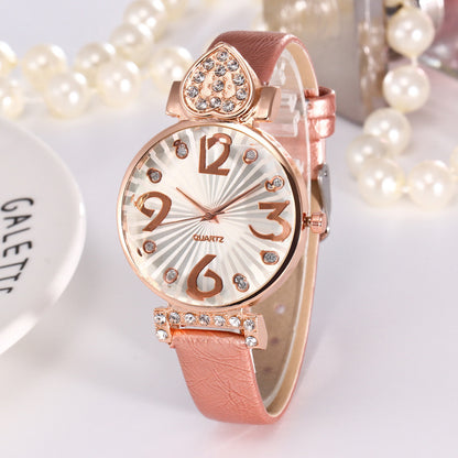 Peach heart rhinestone big number belt female watch - Amazhona 