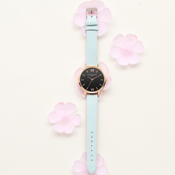 PU leather strap rose gold fashion casual fashion watch ladies black dial watch female models - Amazhona 