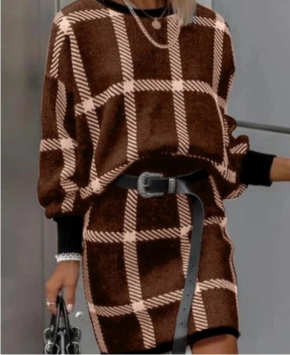 Large Plaid Pullover Long Sleeve Woolen Skirt Suit Two-piece Set - Amazhona 