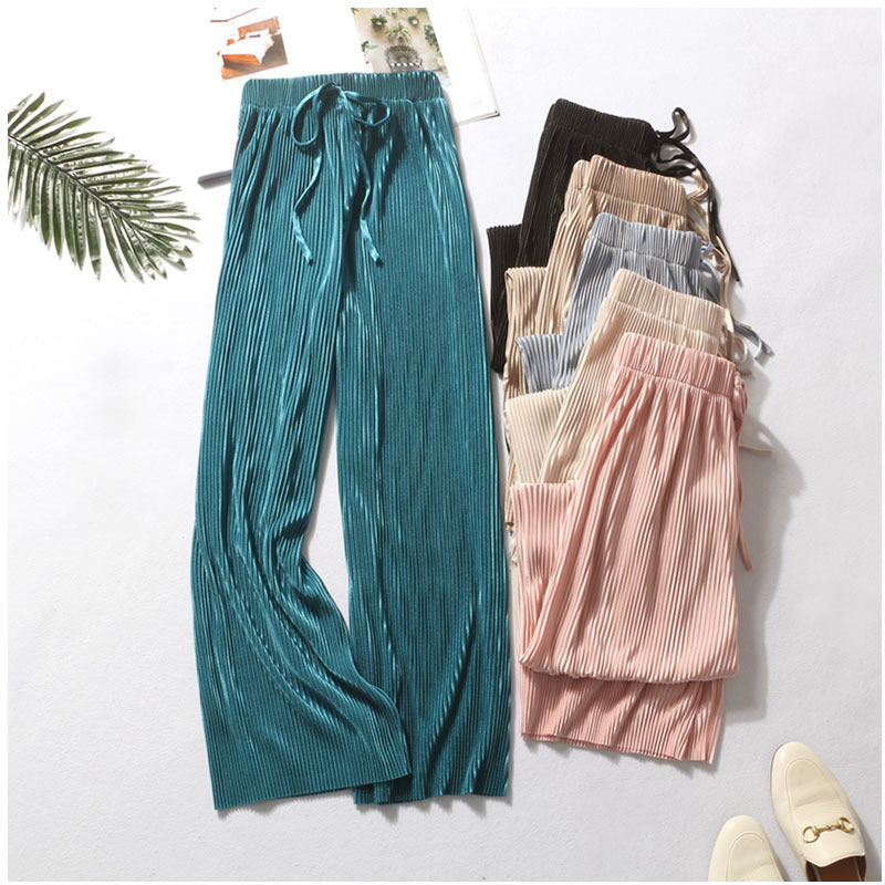 Pleated wide-leg pants trousers high waist vertical spring and summer new loose casual pants chiffon trousers ice silk nine points pants - Amazhona 