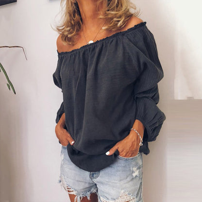 Linen cotton shoulder blouse long sleeves off-the-shoulder - Amazhona 