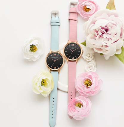 PU leather strap rose gold fashion casual fashion watch ladies black dial watch female models - Amazhona 