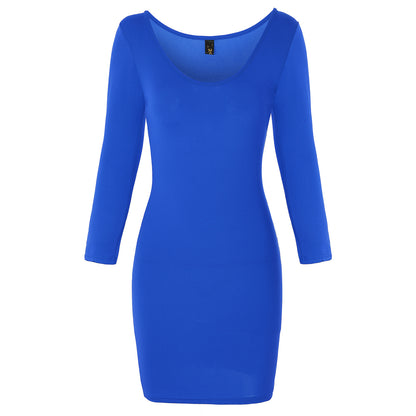 Solid color women's dress long sleeve large U-neck dress mid-skirt - Amazhona 