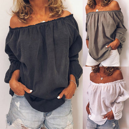 Linen cotton shoulder blouse long sleeves off-the-shoulder - Amazhona 