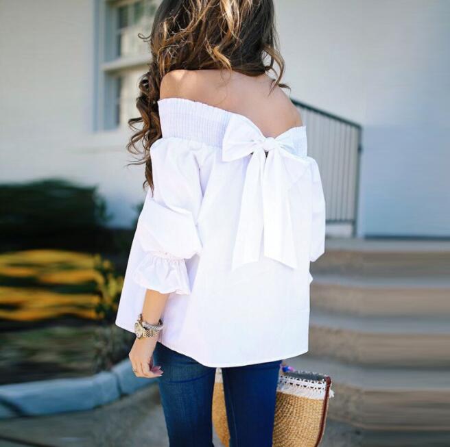 Off Shoulder Tops Spring Summer Strapless Women Blouse Bowknot Slash Neck Shirts Casual Loose Blusas Plus Size - Amazhona 