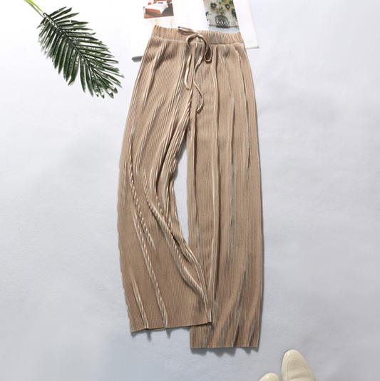 Pleated wide-leg pants trousers high waist vertical spring and summer new loose casual pants chiffon trousers ice silk nine points pants - Amazhona 