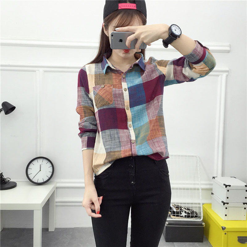 asual Plaid Women Blouses Kimono Vintage Linen Cotton Long Sleeve Blouse Female Shirts Tops - Amazhona 