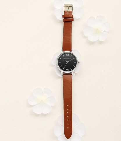 PU leather strap rose gold fashion casual fashion watch ladies black dial watch female models - Amazhona 