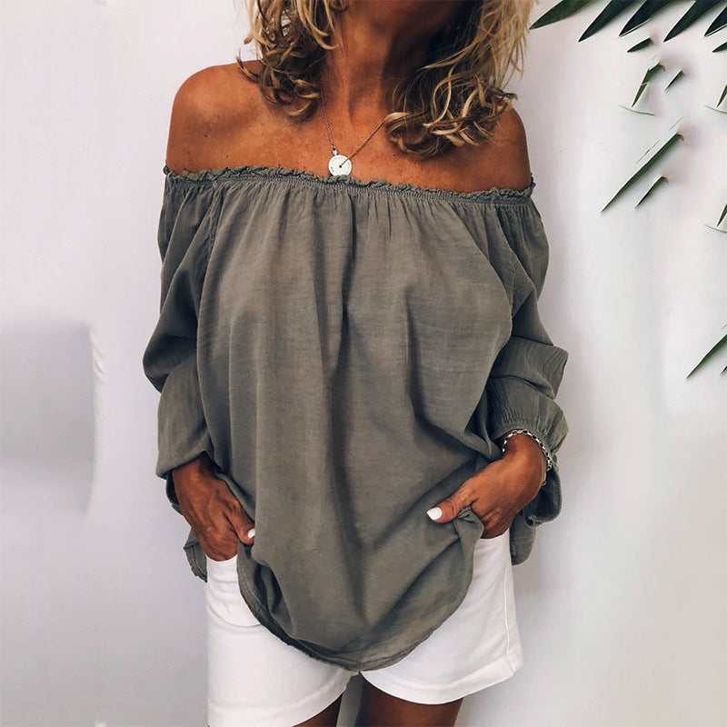 Linen cotton shoulder blouse long sleeves off-the-shoulder - Amazhona 