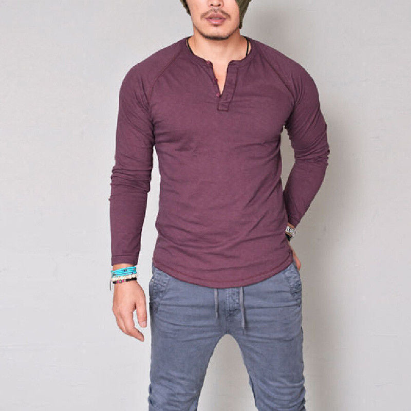 Autumn and winter round neck solid color button long-sleeved t-shirt men's t-shirt - Amazhona 