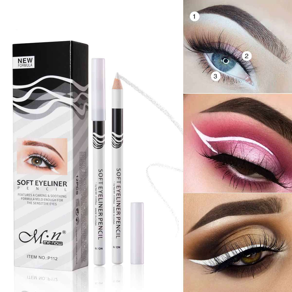 12Pcs Box White Eyeliner Waterproof Eyeliner Pencil Smooth High Gloss Eyeshadow Cosmetics Eye Brightener Makeup Tools - Amazhona 