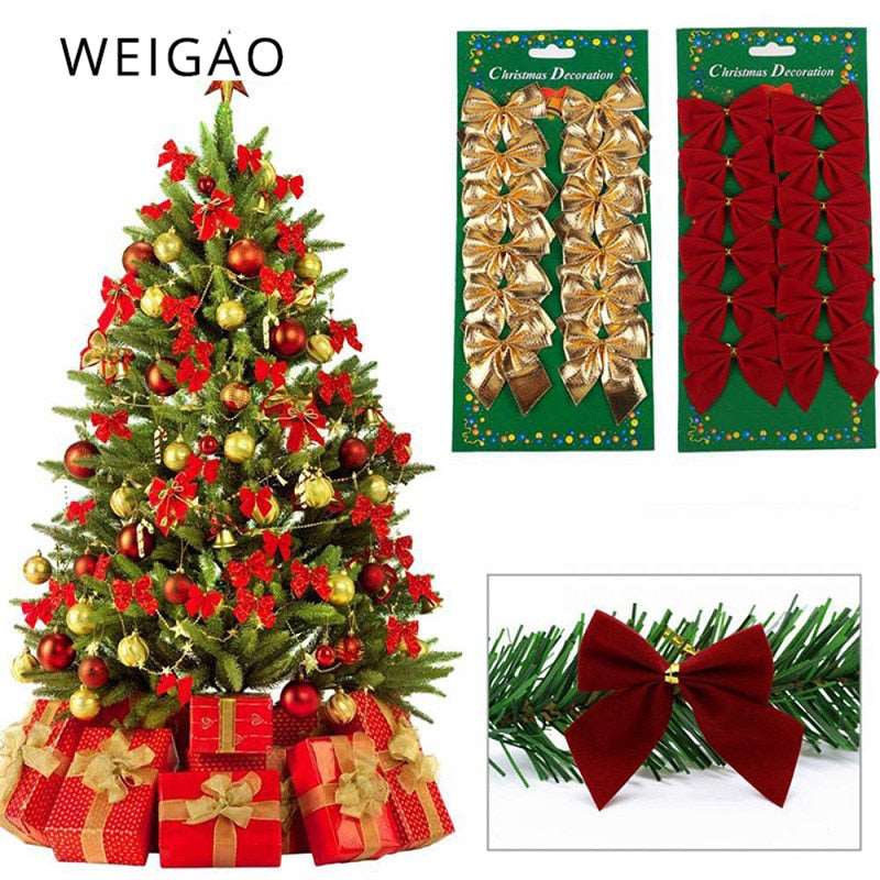 12pcs Christmas Bows Christmas Hanging Decorations Gold Red Bowknot Christmas Tree Ornaments New Year 2020 Navidad Kerst Decor - Amazhona 