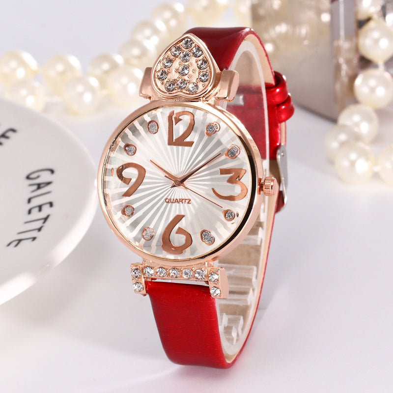 Peach heart rhinestone big number belt female watch - Amazhona 