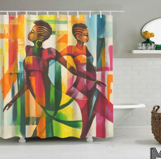 Diseño de arte Graffiti arte Hip Hop chica africana con pelo negro gran pendiente con cortina de ducha de edificio moderno para la decoración del baño