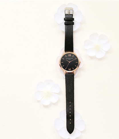 PU leather strap rose gold fashion casual fashion watch ladies black dial watch female models - Amazhona 