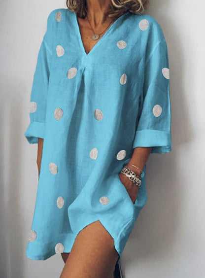 Wish fast sell 2021 spring and summer linen loose V-neck print nine-point sleeve split dress 1956