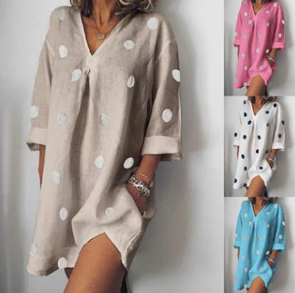 Wish fast sell 2021 spring and summer linen loose V-neck print nine-point sleeve split dress 1956