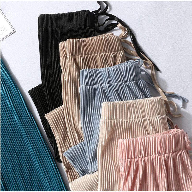 Pleated wide-leg pants trousers high waist vertical spring and summer new loose casual pants chiffon trousers ice silk nine points pants - Amazhona 