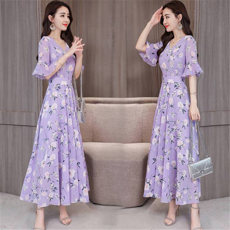 2021 new large size short-sleeved holiday dress female summer loose slim green flower fashion temperament long skirt - Amazhona 