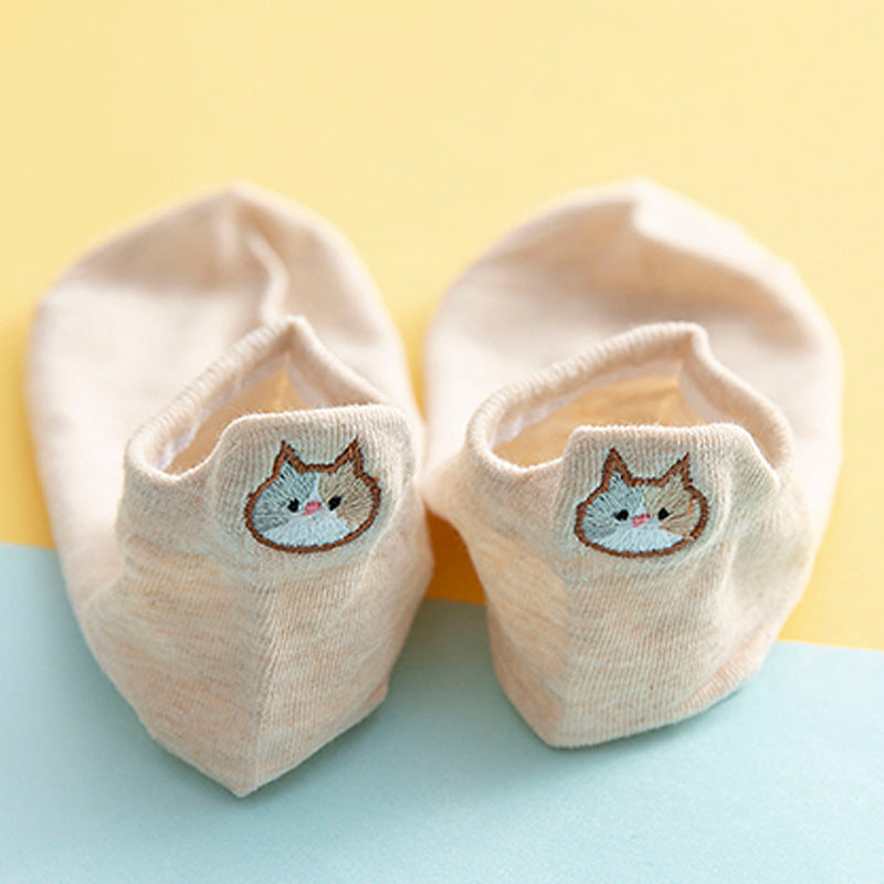 Socks Female Embroidered Cat Boat Socks Shallow Mouth Cute Low Waist - Amazhona 