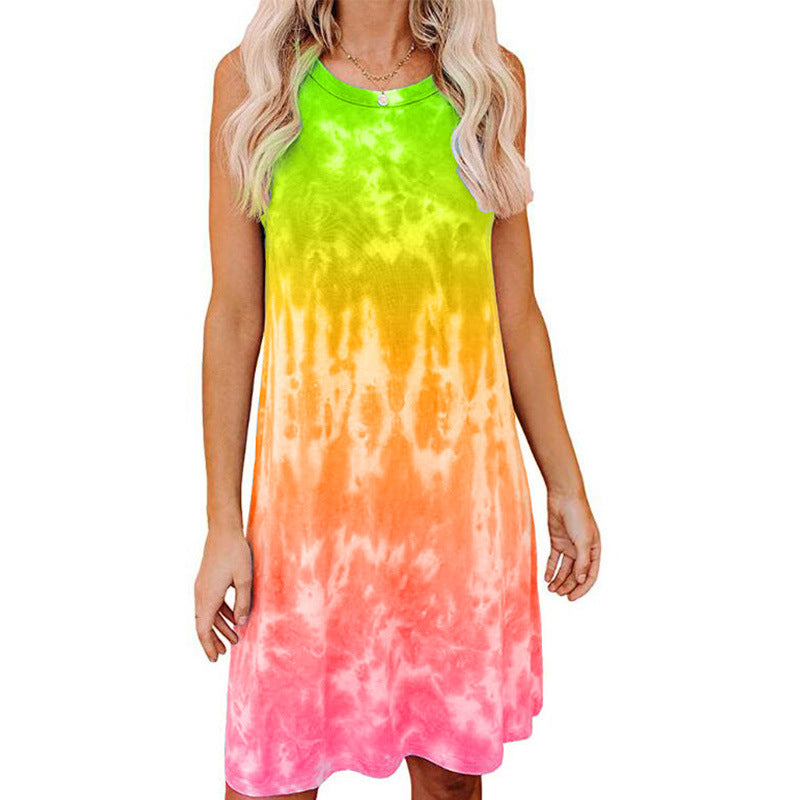 Tie-dye Printed Loose Short-sleeved Dress Women - Amazhona 